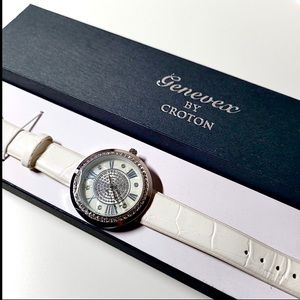 Genevex by Croton White Leather Watch with Crystal Accents.